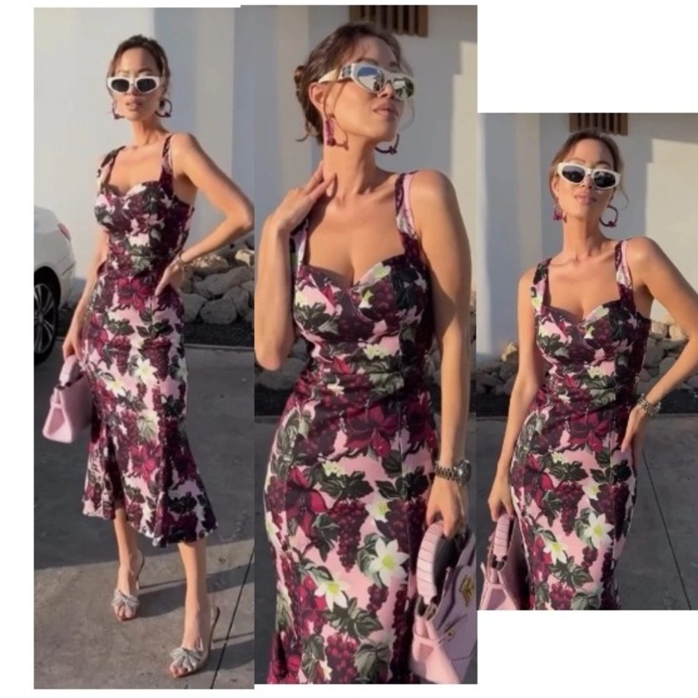 Zara Floral Grape Print Midi Dress Pink Purple Green Size M 0085/128/116